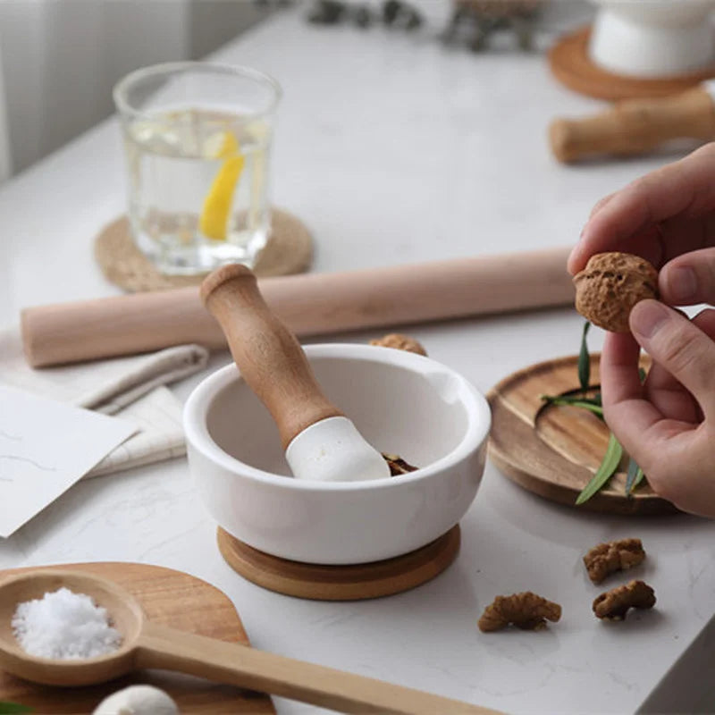 Pilão com Macerador de Cerâmica Base de Madeira