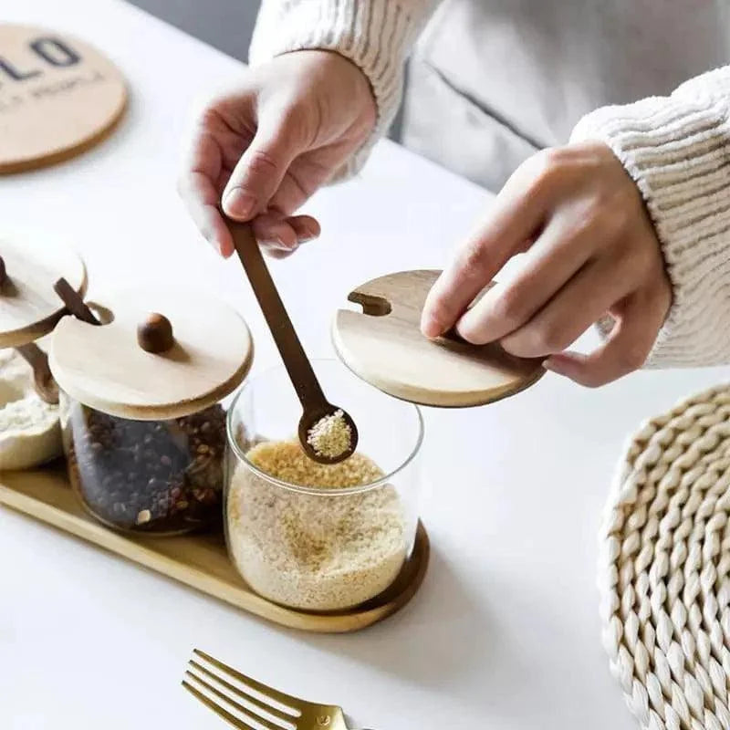 Conjunto de Potes de Vidro Tampa de Madeira