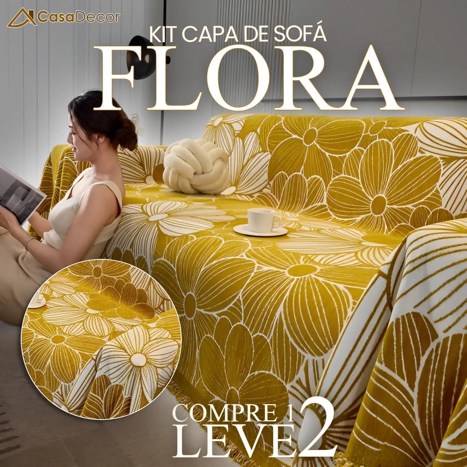 [Pague 1, Leve 2] Capa de Sofá Flora (O Encanto Natural Que Aconchega Seu Sofá!) + BRINDE: 2 Almofadas
