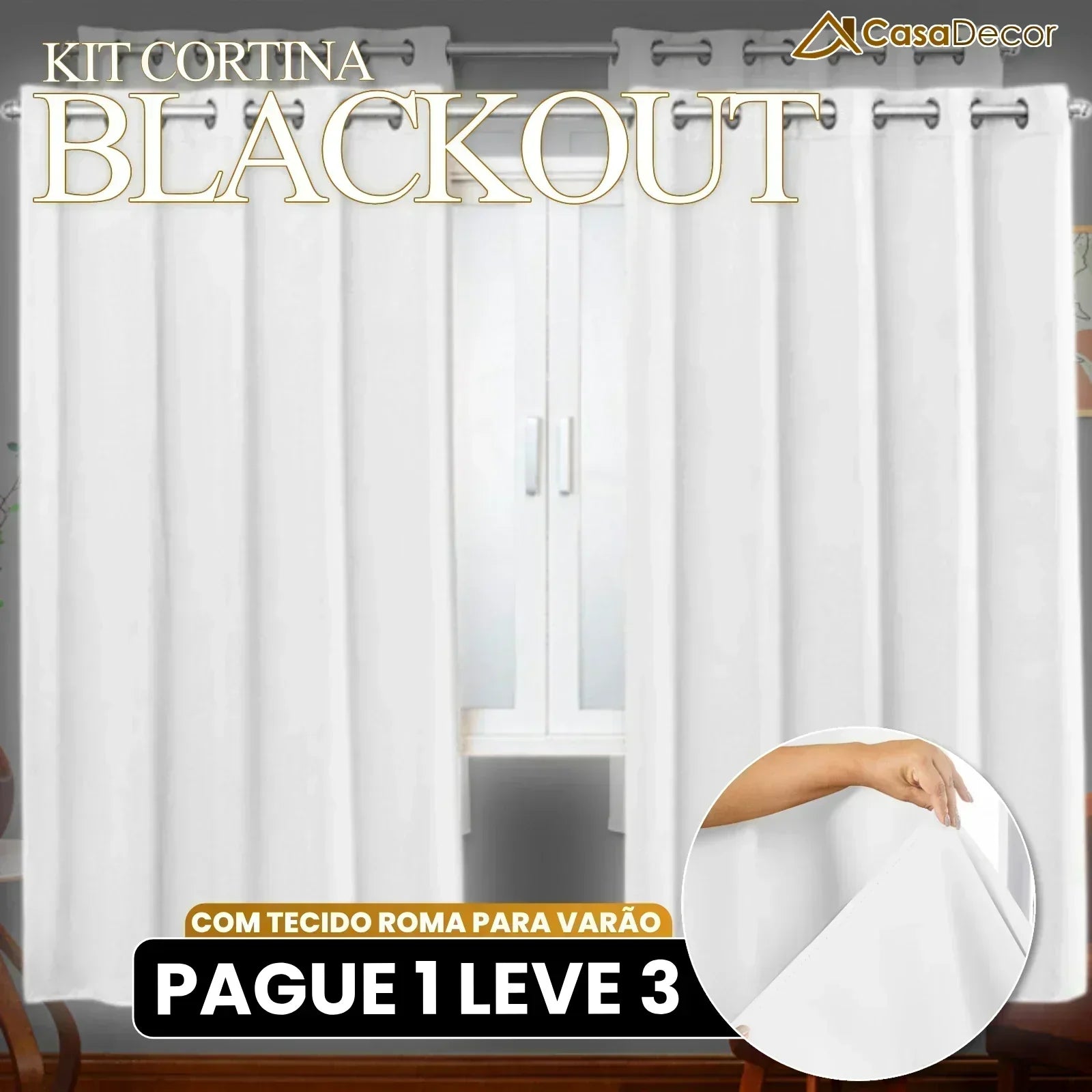 [Pague 1, Leve 3] Cortina Blackout com Tecido Roma Para Varão de 2 Metros